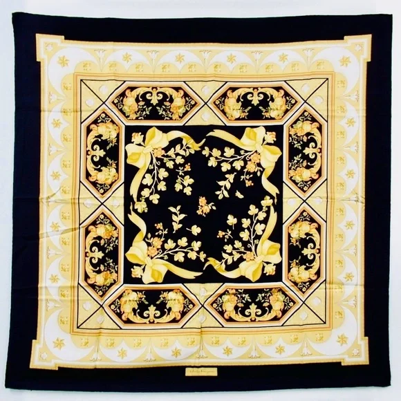 Salvatore Ferragamo Vintage Silk Scarf Baroque Floral Black Gold Print with Box - Picture 5 of 8